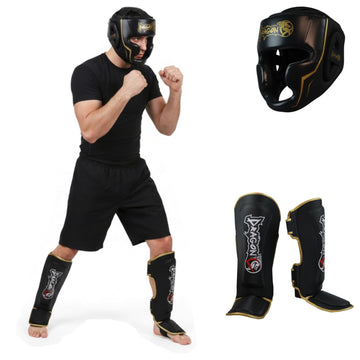 Dragon do Legacy Sparring-Set: Profi Full-Face Kopfschutz Ergonomische Schienbeinschoner Premium Kampfsport Schutzausrüstung für MMA, Muay Thai, Kickboxen Schwarz/Gold