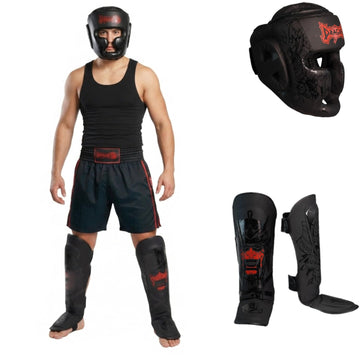 Dragon do Yakuza Sparring-Set: Professioneller Full-Face Kopfschutz (11747) Ergonomische Schienbeinschoner (40724) Premium Samurai Design Equipment für MMA, Muay