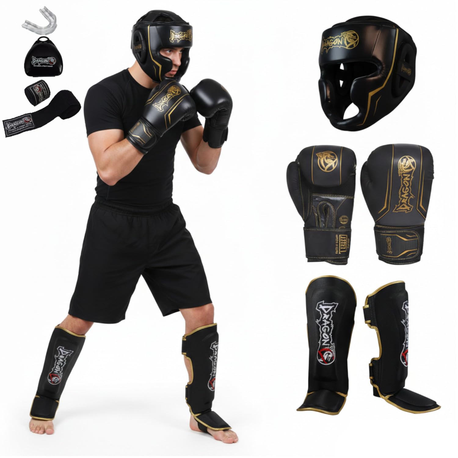 Dragon Do Legacy Box-Set 5-teilig Profi Boxhandschuhe Schienbeinschoner Full-Face Kopfschutz 3.5M Bandagen Zahnschutz PremiumSet