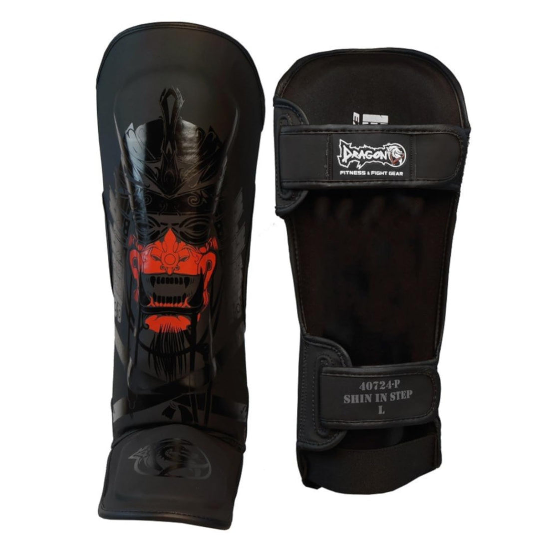 Dragondo 40724-P Yakuza Schienbeinschoner – Profi Schienbein- und Spannschutz für Muay Thai, Kickboxen & MMA – Stoßfester Samuray-Design Beinschutz, Schwarz (L)