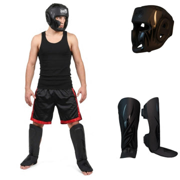 Dragon do Mamba Professional Sparring-Set: Full-Face Kopfschutz Anatomische Schienbeinschoner High-Impact Schutzausrüstung für MMA, Muay Thai, Kickboxen K1 Premium