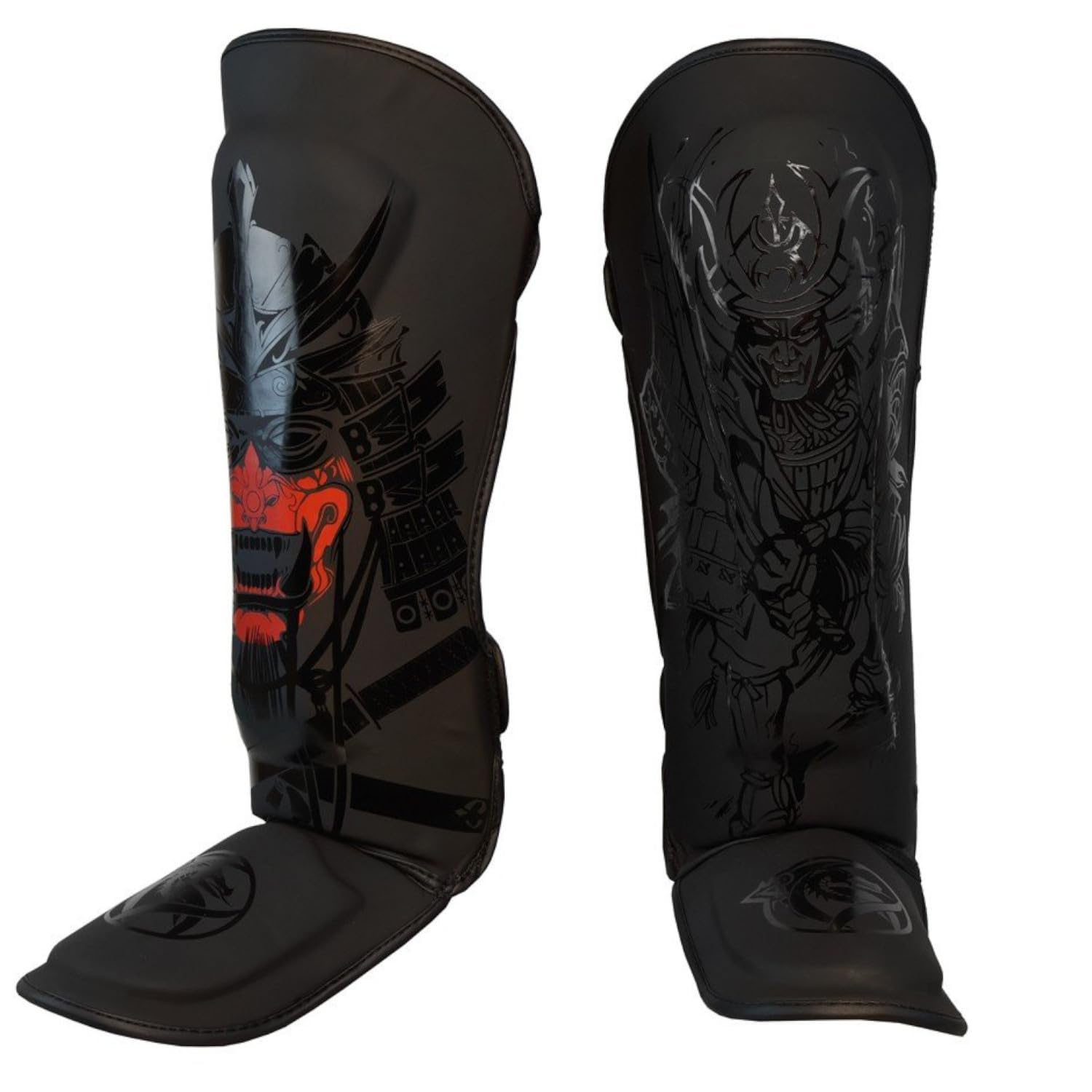 Dragondo 40724-P Yakuza Schienbeinschoner – Profi Schienbein- und Spannschutz für Muay Thai, Kickboxen & MMA – Stoßfester Samuray-Design Beinschutz, Schwarz (L)