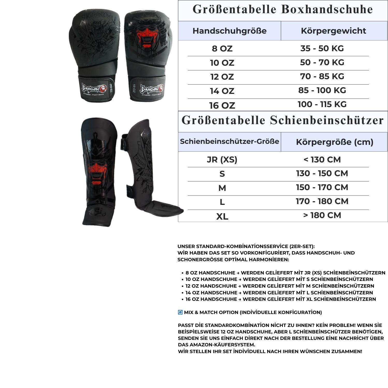 Dragon do 30115-P Boxen Kickboxen Set Boxhandschuhe 8-16 oz Schienbeinschoner Profi Ausrüstung