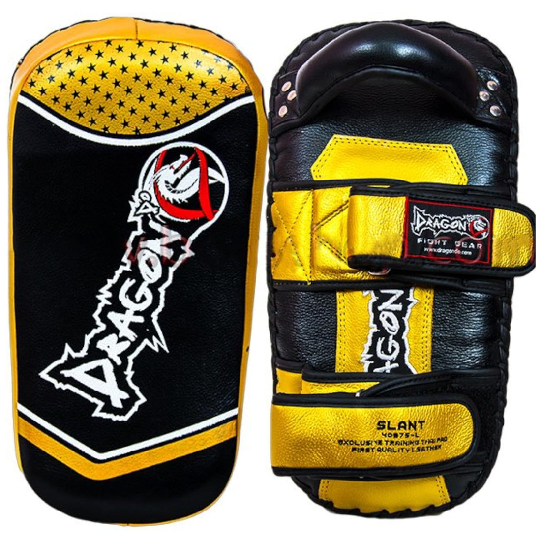 Dragon do 40375-L Slant Professional Thai Pad Set (Paar) Handgefertigtes Echtes Rindsleder im Edlen Schwarz-Gold Design – Ergonomisches Slant-Schlagpolster für Muay