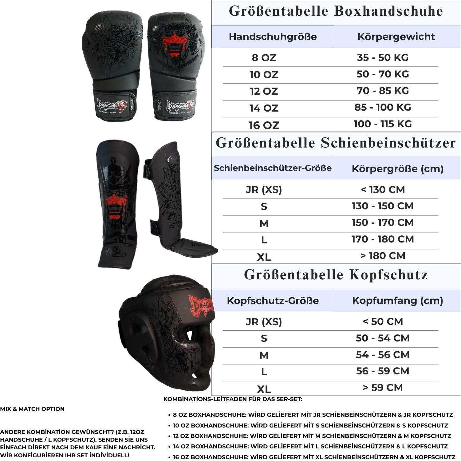 Dragon do Yakuza Profi Boxset 5-teilig Boxhandschuhe, Schienbeinschützer, Kopfschutz, 3,5m Bandagen, Zahnschutz