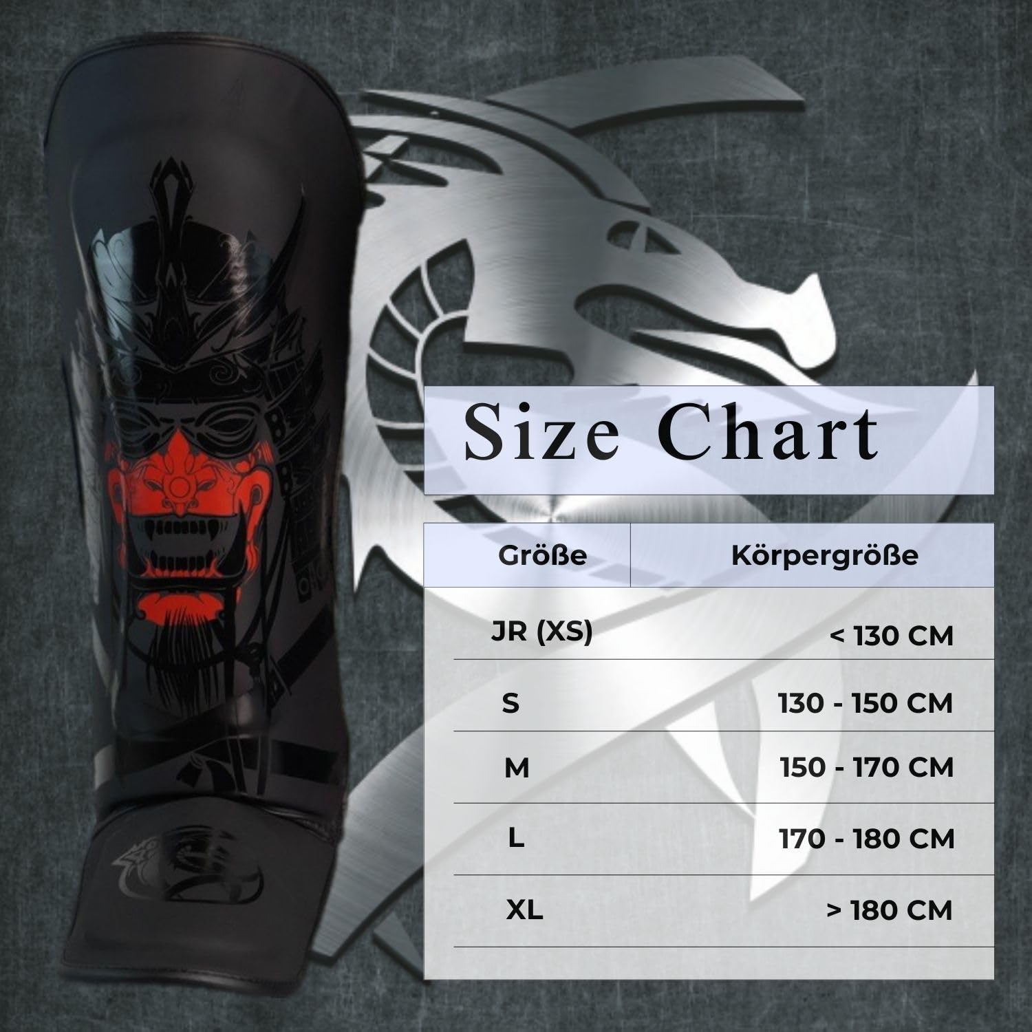 Dragondo 40724-P Yakuza Schienbeinschoner – Profi Schienbein- und Spannschutz für Muay Thai, Kickboxen & MMA – Stoßfester Samuray-Design Beinschutz, Schwarz (L)