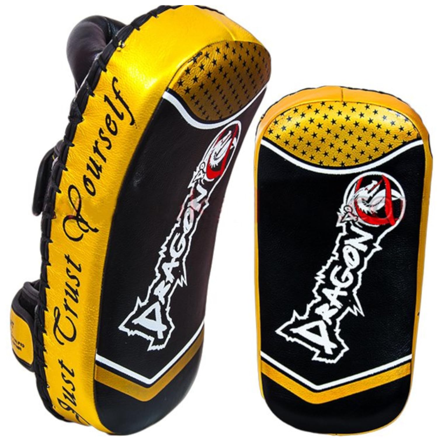 Dragon do 40375-L Slant Professional Thai Pad Set (Paar) Handgefertigtes Echtes Rindsleder im Edlen Schwarz-Gold Design – Ergonomisches Slant-Schlagpolster für Muay