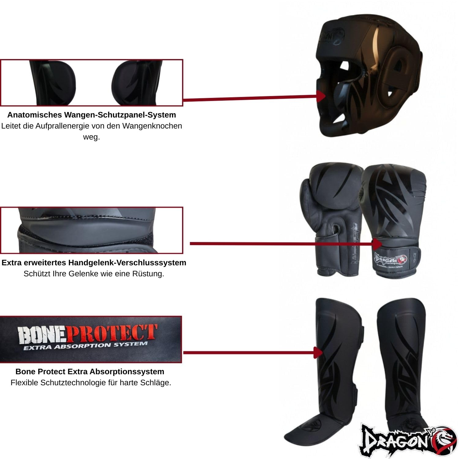 Dragon do Mamba Elite Box-Set 5-teilig Profi-Boxhandschuhe, Schienbeinschoner, Full-Face Kopfschutz inkl. Bandagen, Zahnschutz Premium Equipment