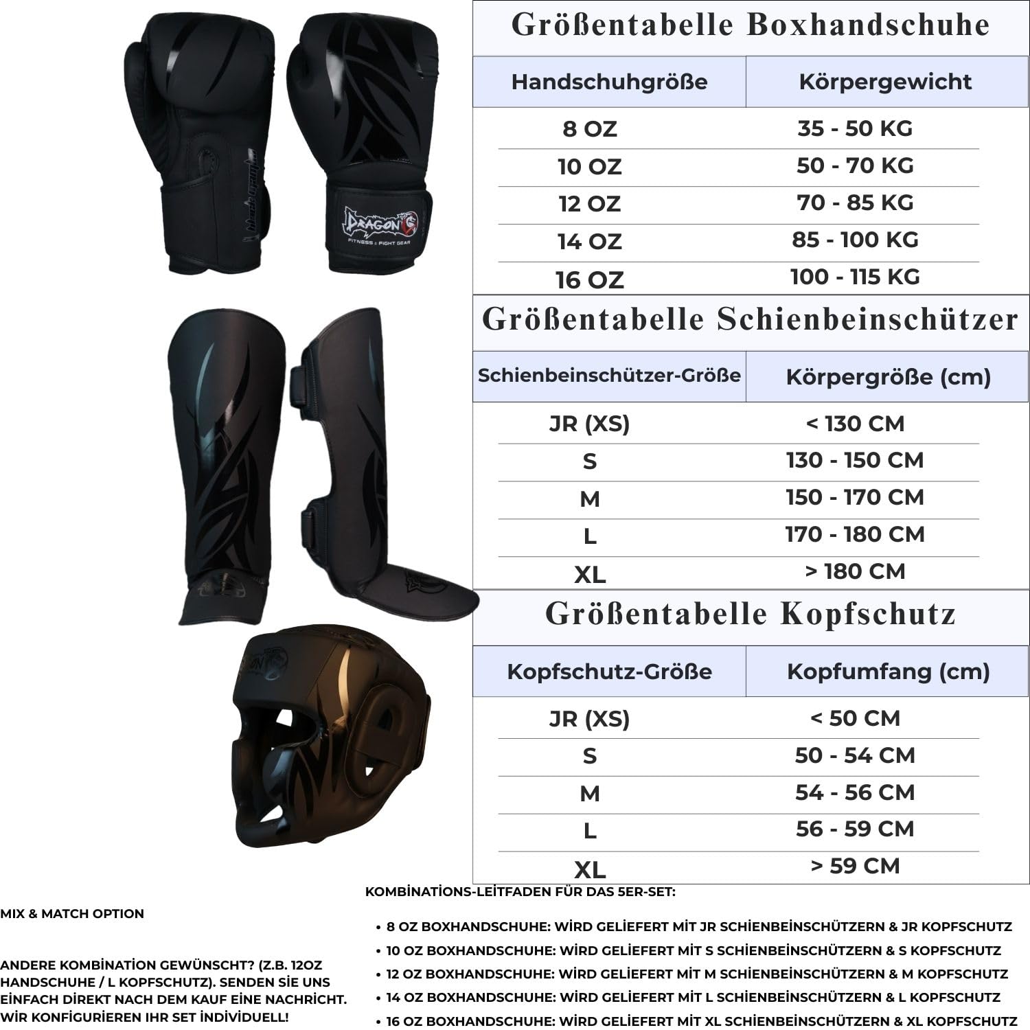 Dragon do Mamba Elite Box-Set 5-teilig Profi-Boxhandschuhe, Schienbeinschoner, Full-Face Kopfschutz inkl. Bandagen, Zahnschutz Premium Equipment