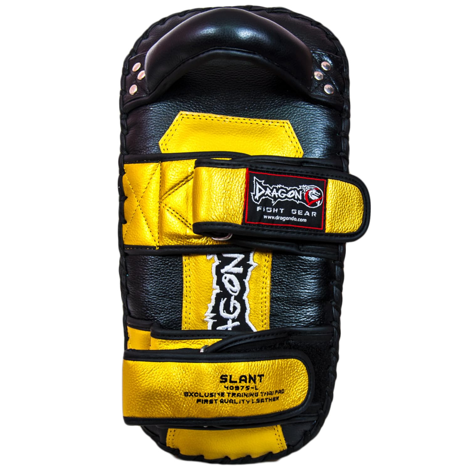 Dragon do 40375-L Slant Professional Thai Pad Set (Paar) Handgefertigtes Echtes Rindsleder im Edlen Schwarz-Gold Design – Ergonomisches Slant-Schlagpolster für Muay