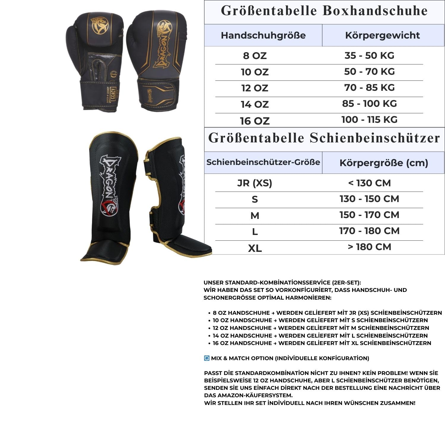 Dragon do 30115-P Boxen Kickboxen Set Boxhandschuhe 8-16 oz Schienbeinschoner Profi Ausrüstung