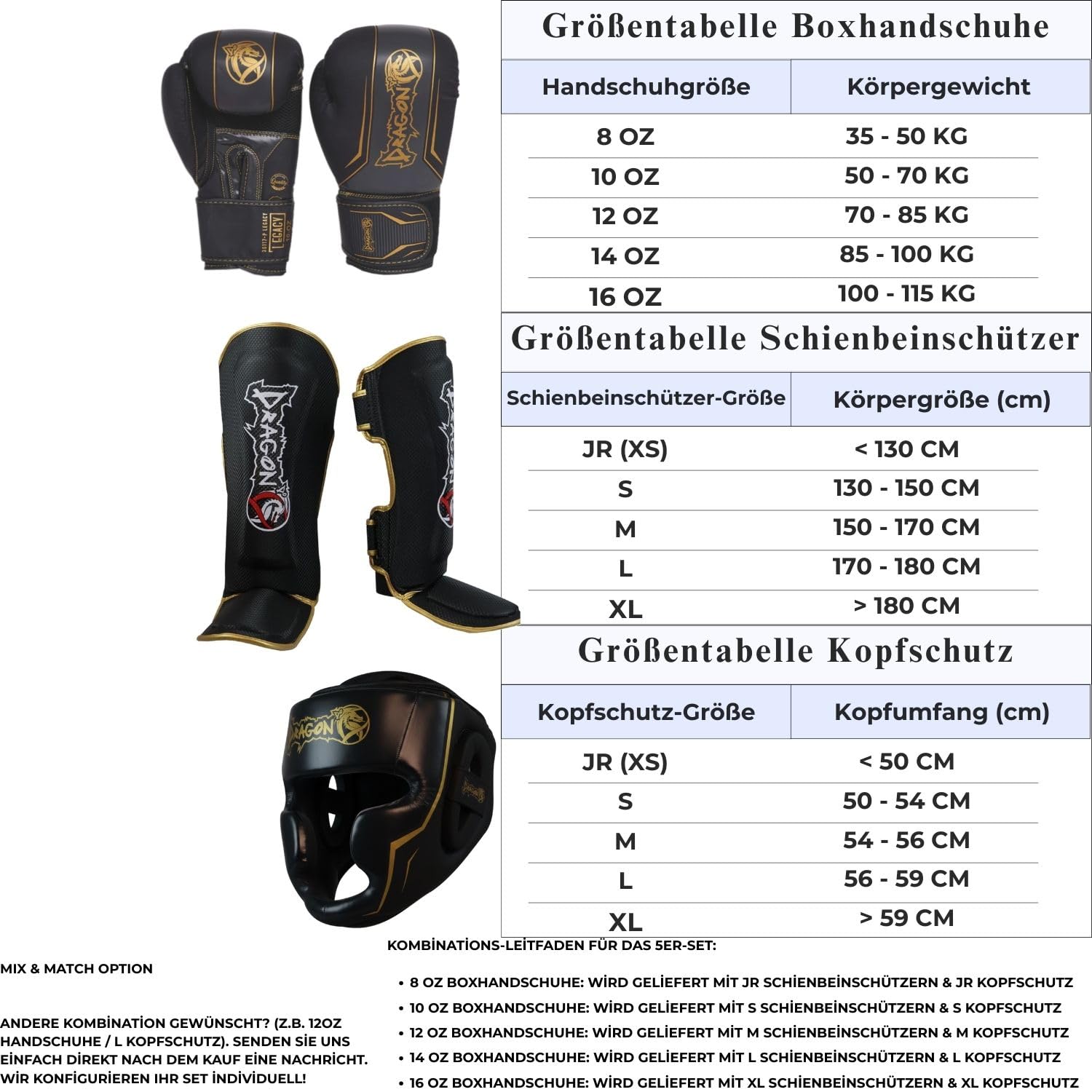 Dragon Do Legacy Box-Set 5-teilig Profi Boxhandschuhe Schienbeinschoner Full-Face Kopfschutz 3.5M Bandagen Zahnschutz PremiumSet