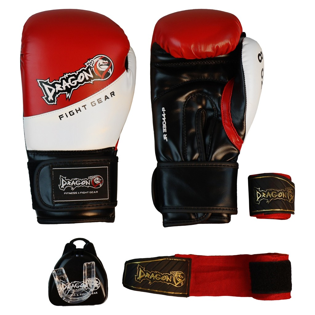 DragonDo 33044-P JR Kinder Boxhandschuhe Set Handschuh+Bandage+Zahnschutz – Trainingshandschuhe für Boxen, Kickboxen und Muay Thai