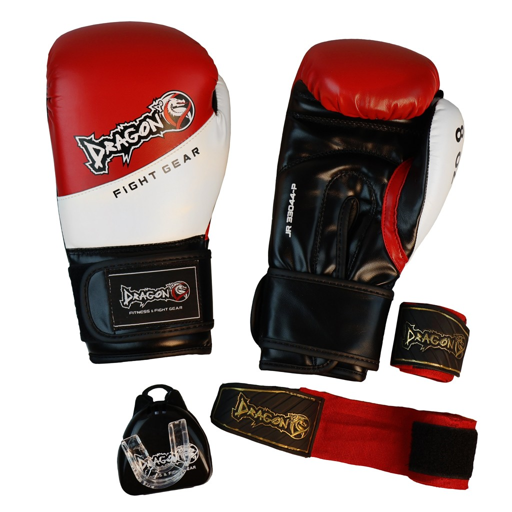 DragonDo 33044-P JR Kinder Boxhandschuhe Set Handschuh+Bandage+Zahnschutz – Trainingshandschuhe für Boxen, Kickboxen und Muay Thai