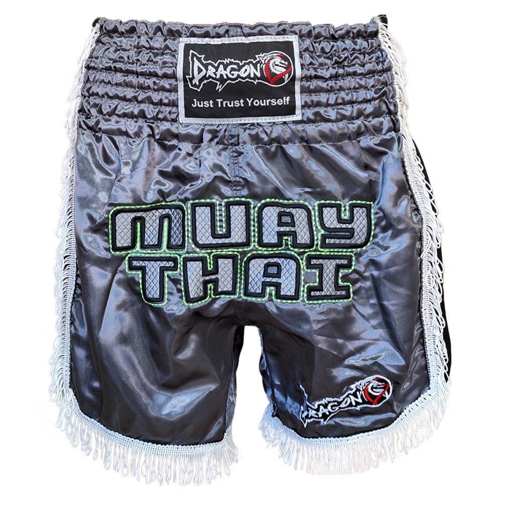 DragonDo MT3020 Apache Muaythai Shorts Anthrazitfarbene Quastenshorts Bestickte Muaythai Shorts