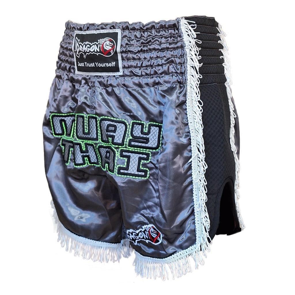 DragonDo MT3020 Apache Muaythai Shorts Anthrazitfarbene Quastenshorts Bestickte Muaythai Shorts