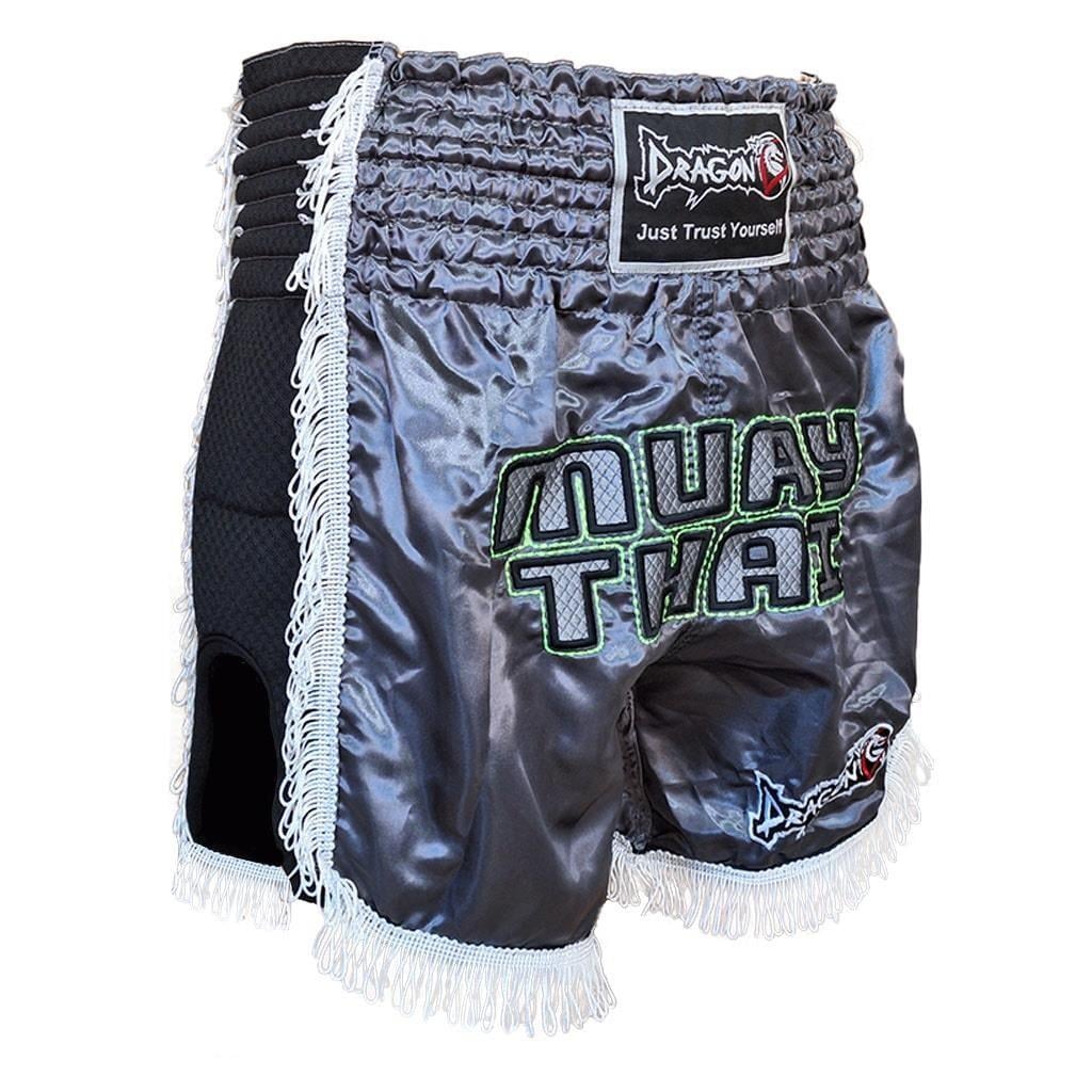 DragonDo MT3020 Apache Muaythai Shorts Anthrazitfarbene Quastenshorts Bestickte Muaythai Shorts