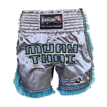 DragonDo MT3020 Apache Muaythai Shorts, graue Quastenshorts, bestickte Muaythai-Shorts