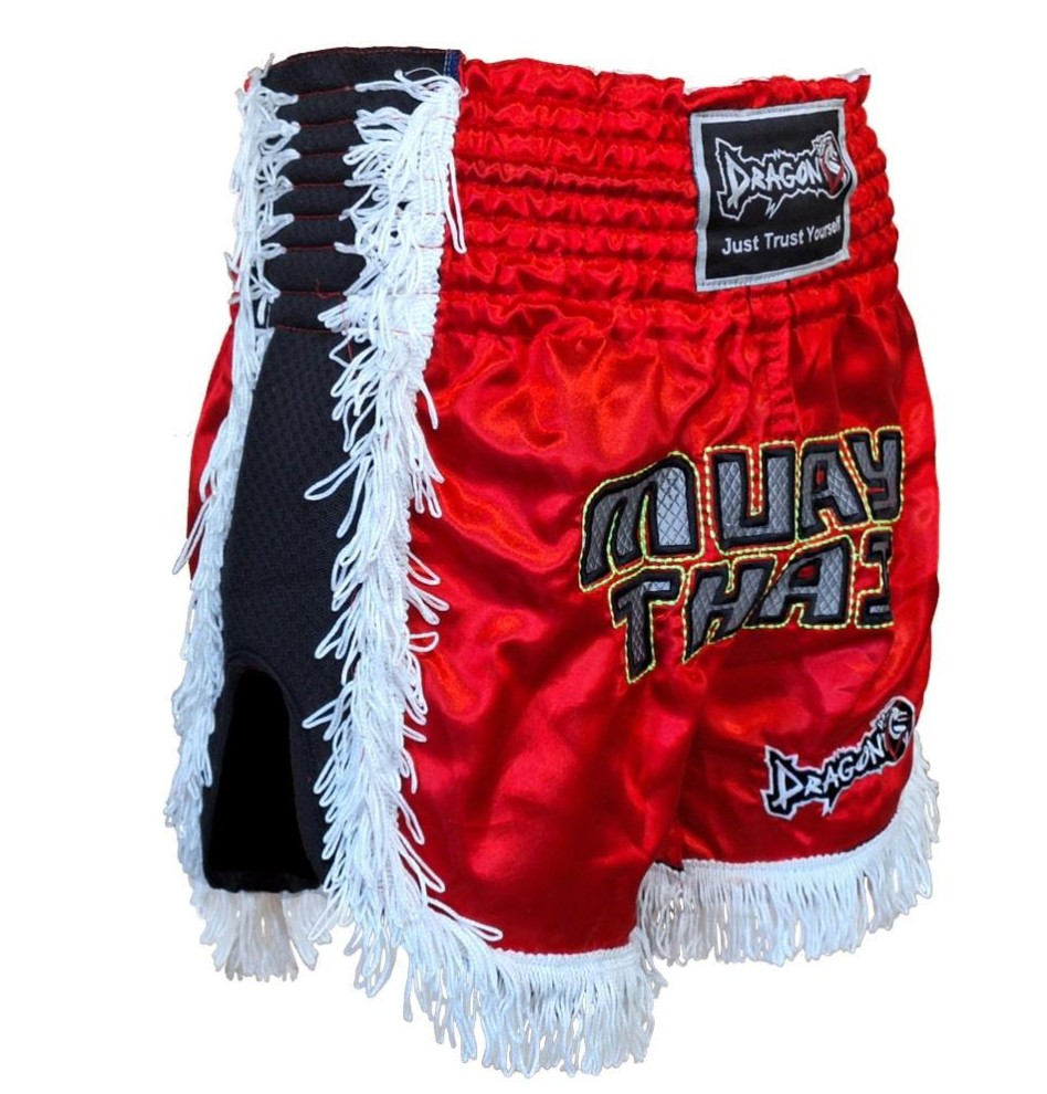 DragonDo MT3020 Apache Muaythai Shorts, rote Quastenshorts, bestickte Muaythai-Shorts