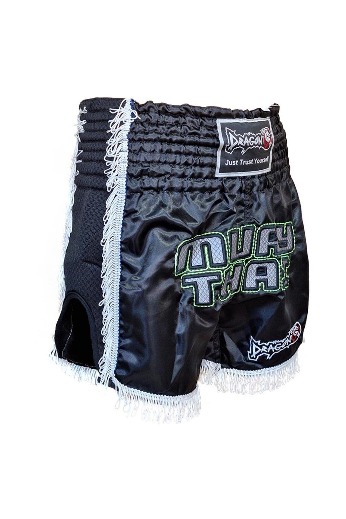 DragonDo MT3020 Apache Muaythai Shorts, Schwarz, Quastenshorts, bestickte Muaythai-Shorts