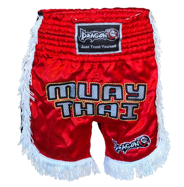DragonDo MT3020 Apache Muaythai Shorts, rote Quastenshorts, bestickte Muaythai-Shorts