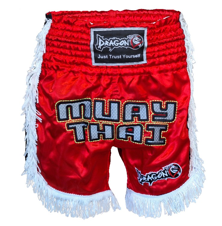 DragonDo MT3020 Apache Muaythai Shorts, rote Quastenshorts, bestickte Muaythai-Shorts
