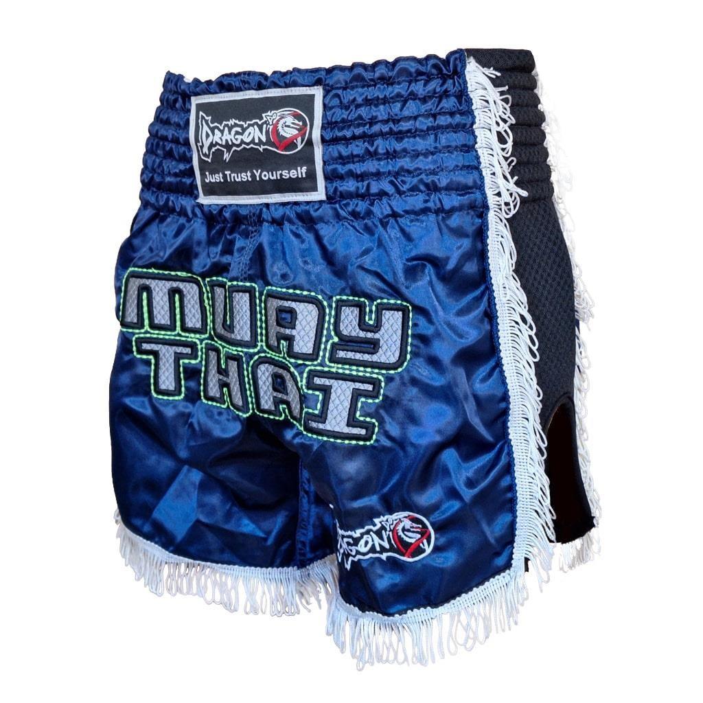 DragonDo MT3020 Apache Muaythai Shorts, Marineblau, Muaythai Shorts mit Quasten und Stickerei