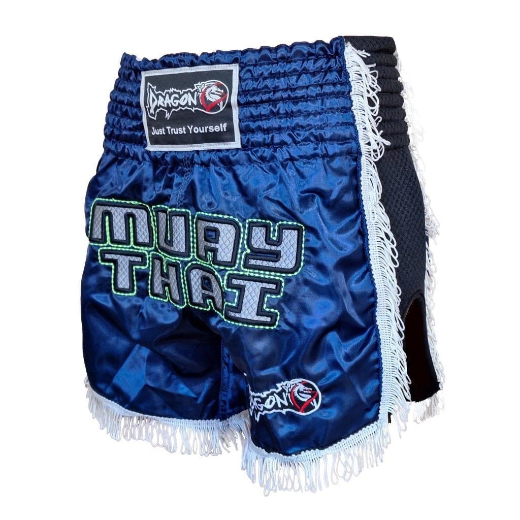 DragonDo MT3020 Apache Muaythai Shorts, Marineblau, Muaythai Shorts mit Quasten und Stickerei