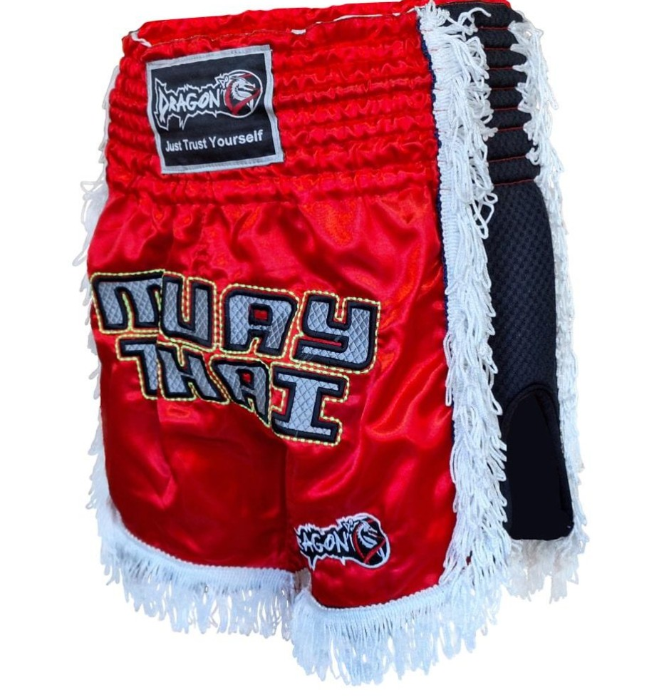 DragonDo MT3020 Apache Muaythai Shorts, rote Quastenshorts, bestickte Muaythai-Shorts