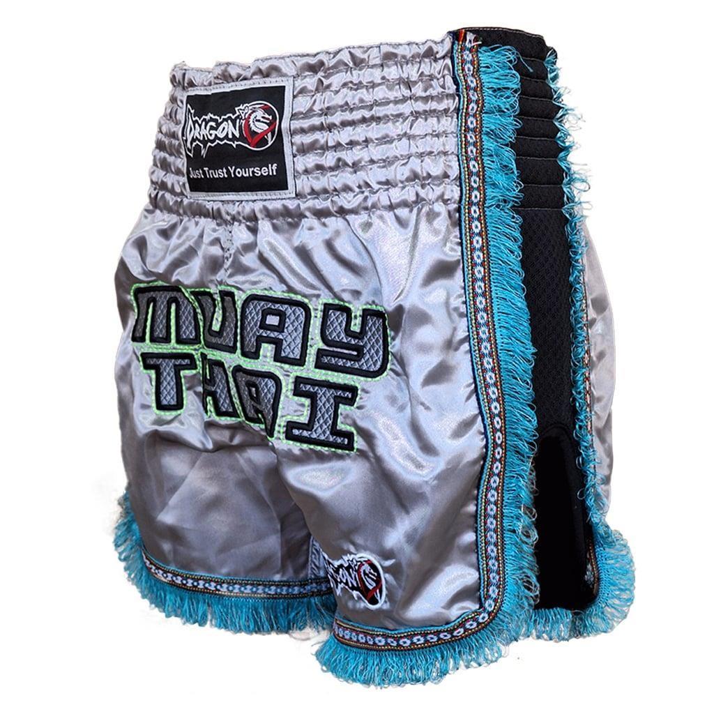 DragonDo MT3020 Apache Muaythai Shorts, graue Quastenshorts, bestickte Muaythai-Shorts