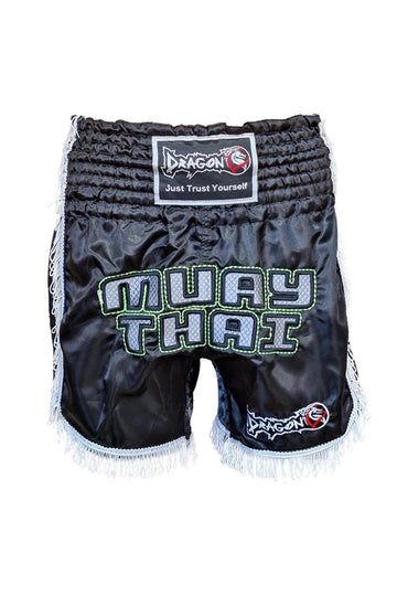 DragonDo MT3020 Apache Muaythai Shorts, Schwarz, Quastenshorts, bestickte Muaythai-Shorts
