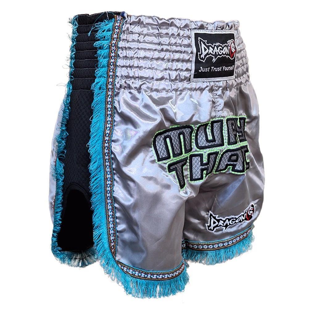 DragonDo MT3020 Apache Muaythai Shorts, graue Quastenshorts, bestickte Muaythai-Shorts