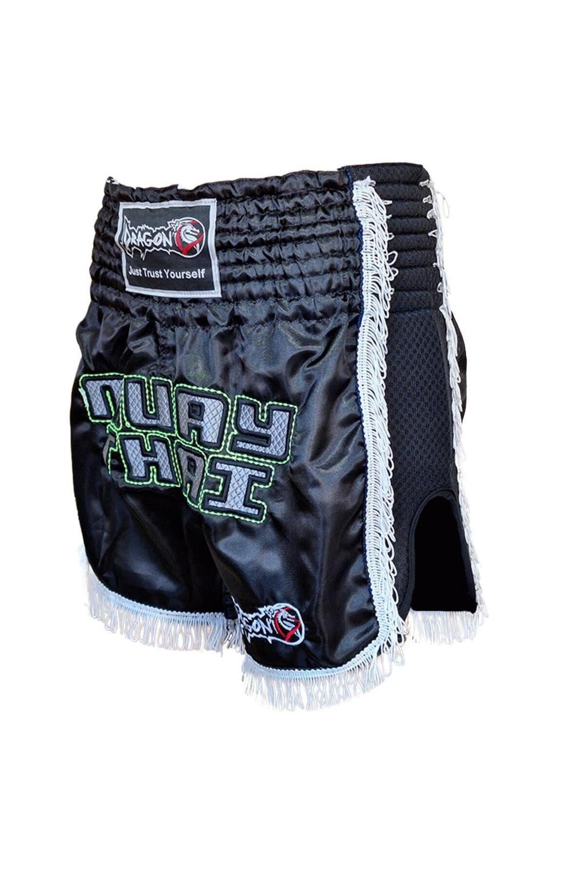 DragonDo MT3020 Apache Muaythai Shorts, Schwarz, Quastenshorts, bestickte Muaythai-Shorts