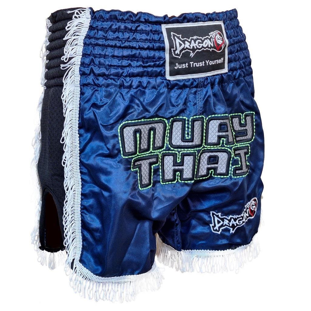DragonDo MT3020 Apache Muaythai Shorts, Marineblau, Muaythai Shorts mit Quasten und Stickerei