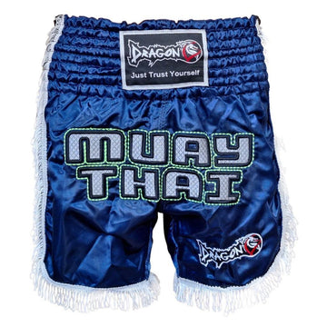 DragonDo MT3020 Apache Muaythai Shorts, Marineblau, Muaythai Shorts mit Quasten und Stickerei