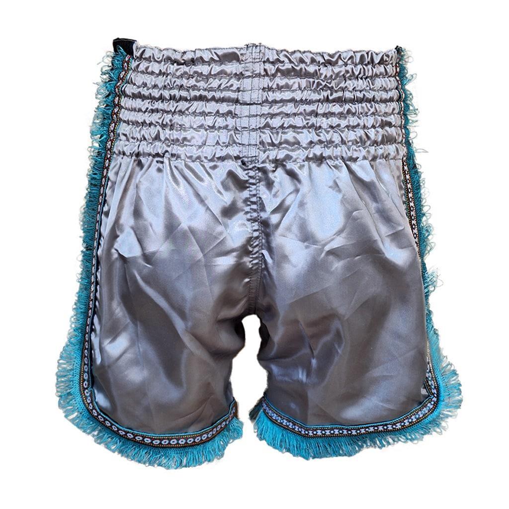 DragonDo MT3020 Apache Muaythai Shorts, graue Quastenshorts, bestickte Muaythai-Shorts