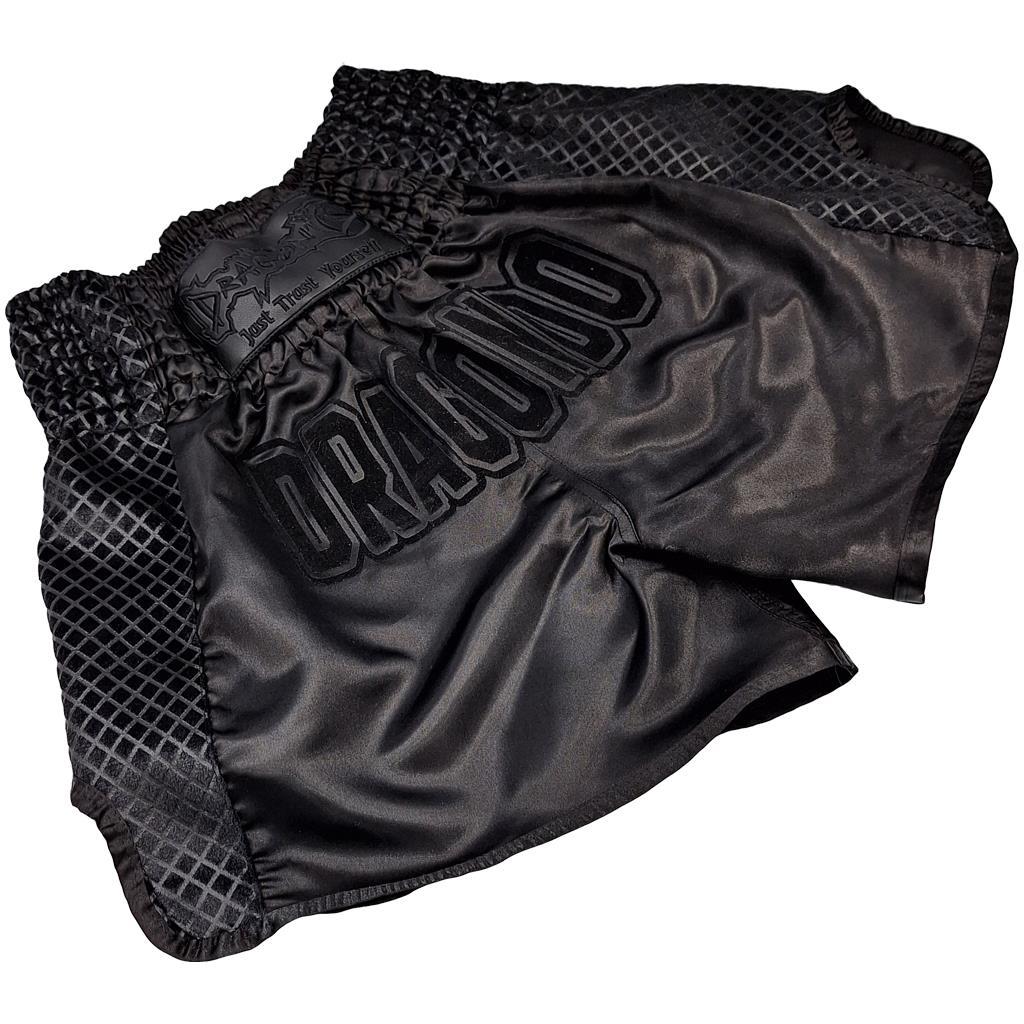 DragonDo MT3025 Schwarze Muay-Thai-Shorts, Schwarze Trainingsshorts